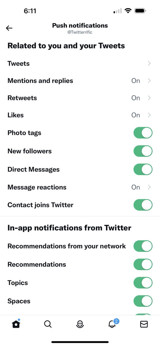 Seems like Twitter just did a service-wide reset of everyone’s push notification settings. I had all of these except DM’s turned off prior for @Twitterrific account. They are ALL back on now. Check your push prefs cause yours may be back on too. @elonmusk can fuck right off. 😡