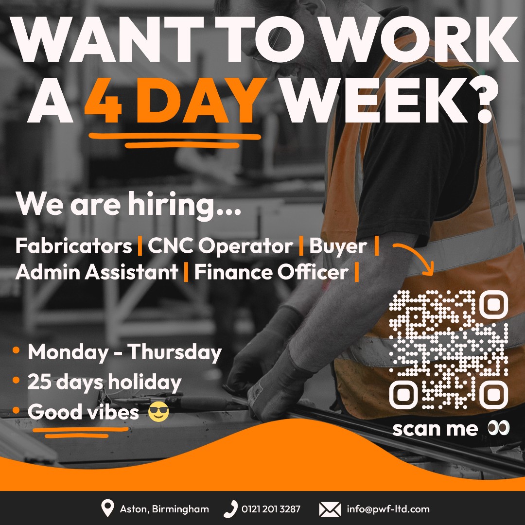 pwf_uk's tweet photo. 👀 Want to work a 4 day week? 📅

We're looking for...
🔸 Fabricators
🔸 CNC Operator
🔸 Buyer
🔸 Administration Assistant
🔸 Finance Officer

To apply or get more information, head over to our careers page:
https://t.co/YaZvdAkIVE

...or send your CV to Rebecca@pwf-ltd.com https://t.co/5amoMyc8Jd