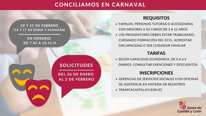 educacyl's tweet photo. 👧👦 Abierto el plazo de solicitud para 'Conciliamos Carnaval'

➡️ En 171 municipios y 179 centros
➡️ Se consolida el proyecto ‘Conciliamos Incluye’ para niños que necesiten mantener un ambiente socioeducativo adecuado en periodos no lectivos.

https://t.co/iZCeKWIAVu https://t.co/900J45zQ1h