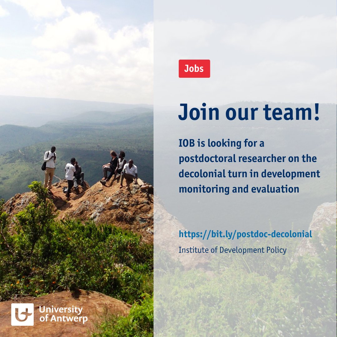 IOB is hiring!

We are looking for a postdoctoral researcher on the decolonial turn in development monitoring and evaluation

Apply until 1 March 2023: uantwerpen.be/en/jobs/vacanc…
#vacancy #postdocjobs #postdocposition #postdoc