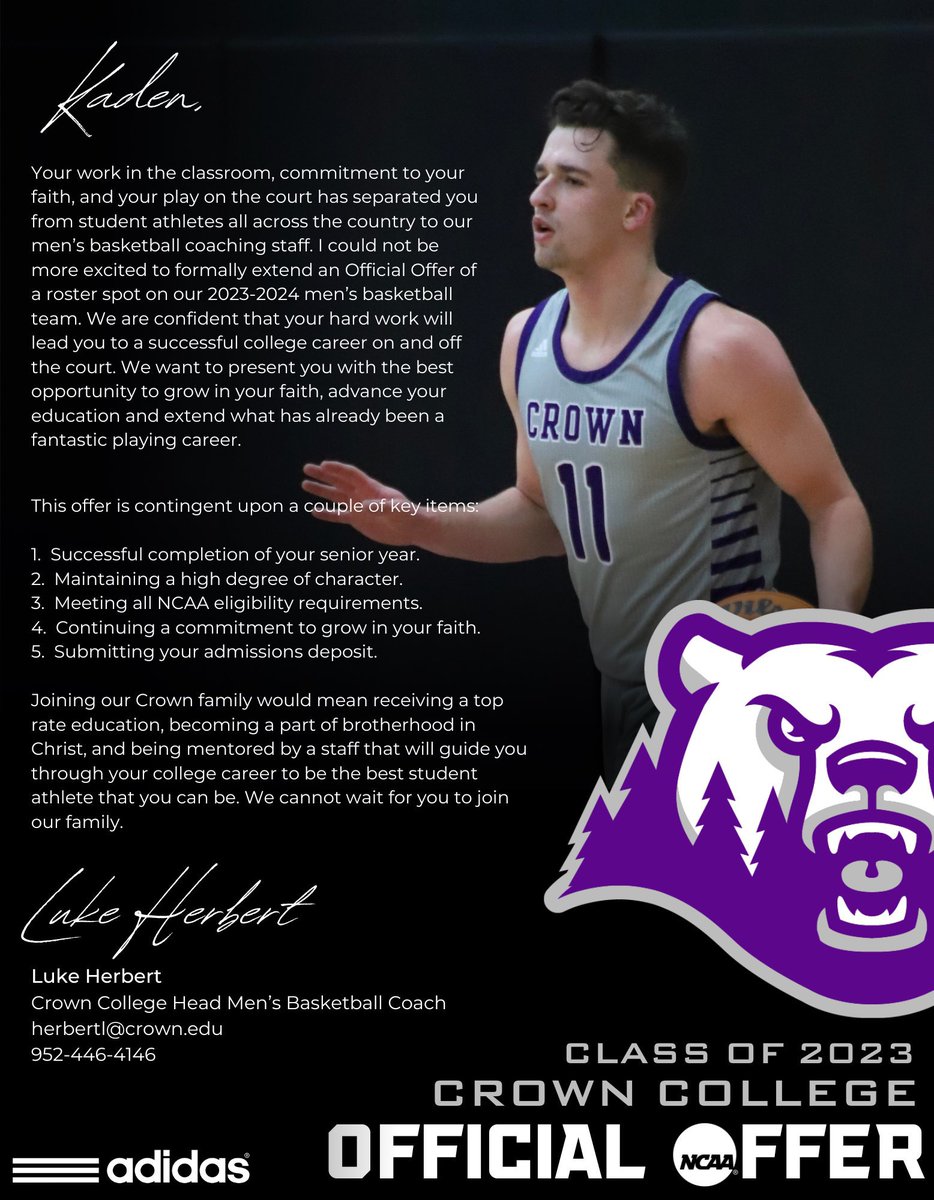 kaden_story's tweet photo. Blessed to receive an official offer from Crown College. @CrownCollegeMBB https://t.co/Sc955e5YfS