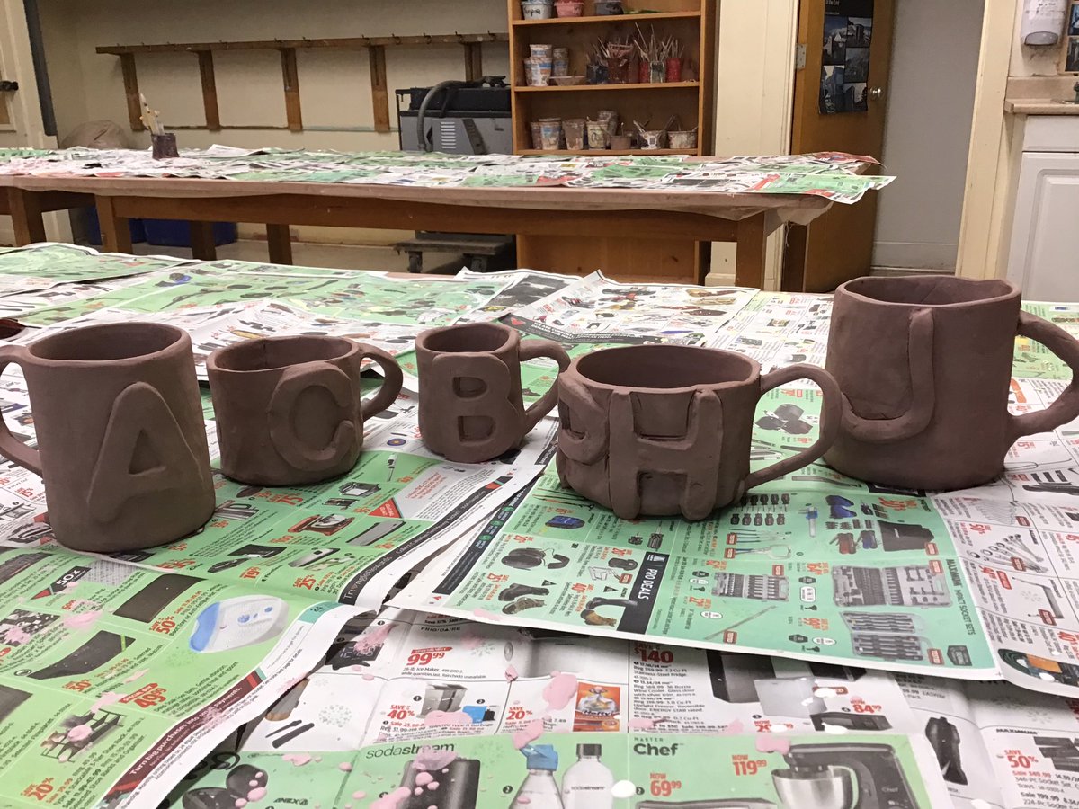 Grade 4/5  letter mugs….so fun.<a href="/HRCEFineArts/">HRCEFineArts</a> #ThanksToYouHalifax