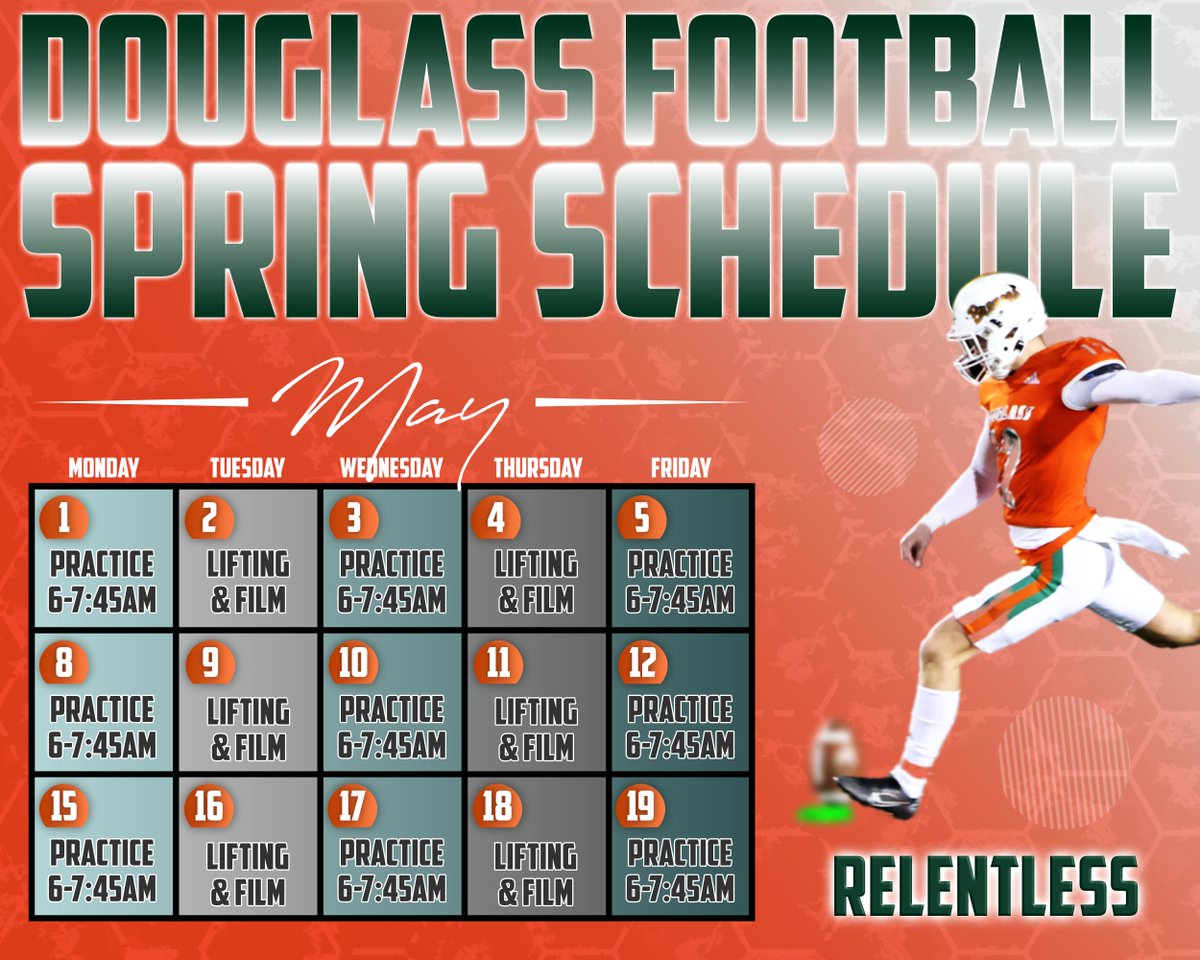FDouglassFB's tweet photo. We're excited to kick off our Spring Schedule in May. Players will be practices 3x per week and lifting/watching film on off days. Prospective college coaches interested in visiting a 6AM practice or afternoon lift/film, please contact @coachnatemcpeek. #Relentless2023 https://t.co/wzqKo4Igr6