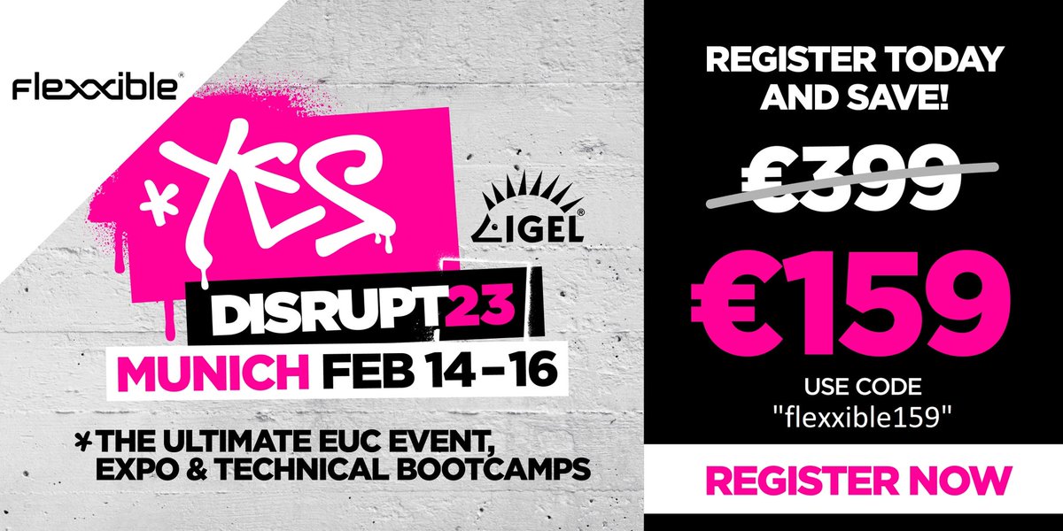 We are excited to be sponsoring the amazing <a href="/IGEL_Technology/">IGEL</a> #Disrupt event in #Munich next month! 

Make sure to join us by registering now using our discount code: flexxible159 👉 eventbrite.co.uk/e/igel-disrupt… Looking forward to seeing you there! #EUC #community #Event
