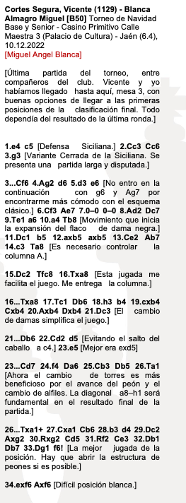 AjedrezJaen's tweet photo. Partida entre Cortes Segura, Vicente (1129) - Blanca Almagro Miguel [B50] https://t.co/MV6LkZBYkL