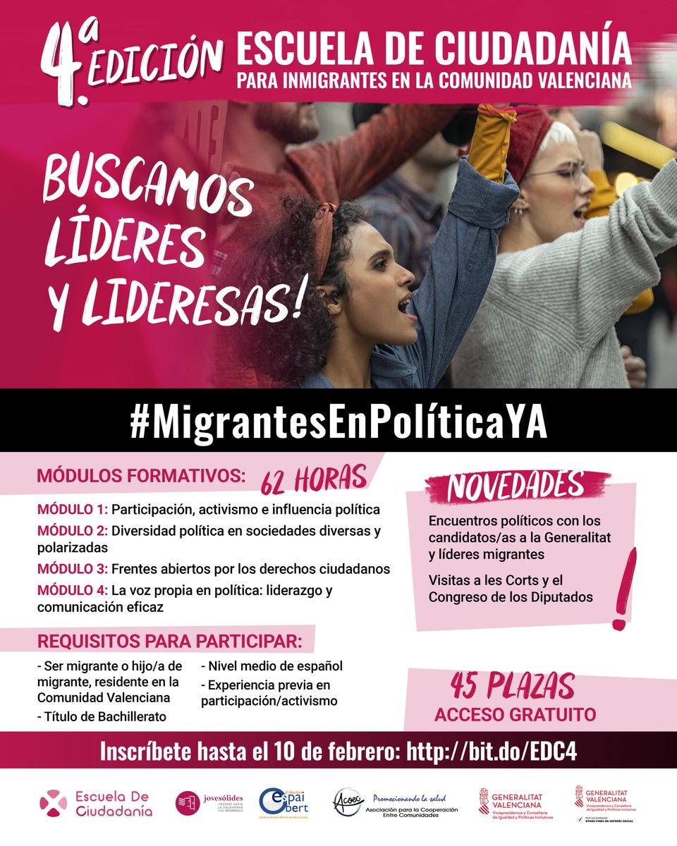 JOVESOLIDES's tweet photo. 📢¡Ha llegado el momento que estabas esperando!

Vuelve la 4ª edición de la #EscuelaDeCiudadanía repleta de novedades y en pleno año electoral.

Apúntate gratuitamente hasta el 10 de febrero🗓️

➕INFO E INSCRIPCIONES✍️https://t.co/DuXVKl1iWV

#MigrantesEnPolíticaYA https://t.co/3nxa6SCHie