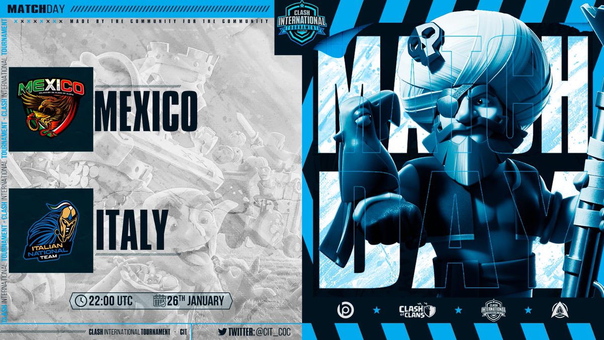 <a href="/CIT_COC/">CLASH INTERNATIONAL TOURNAMENT</a> S3

In attesa della partenza imminente di CWC, CIT corre veloce con la terza week!

Alle 23 sfidiamo il <a href="/MEXICOCWC/">Selección Mexicana de Clash Of Clans</a>🇲🇽 per la leadership provvisoria del girone. Scontro interessante?! Scopritelo stasera con ⬇️