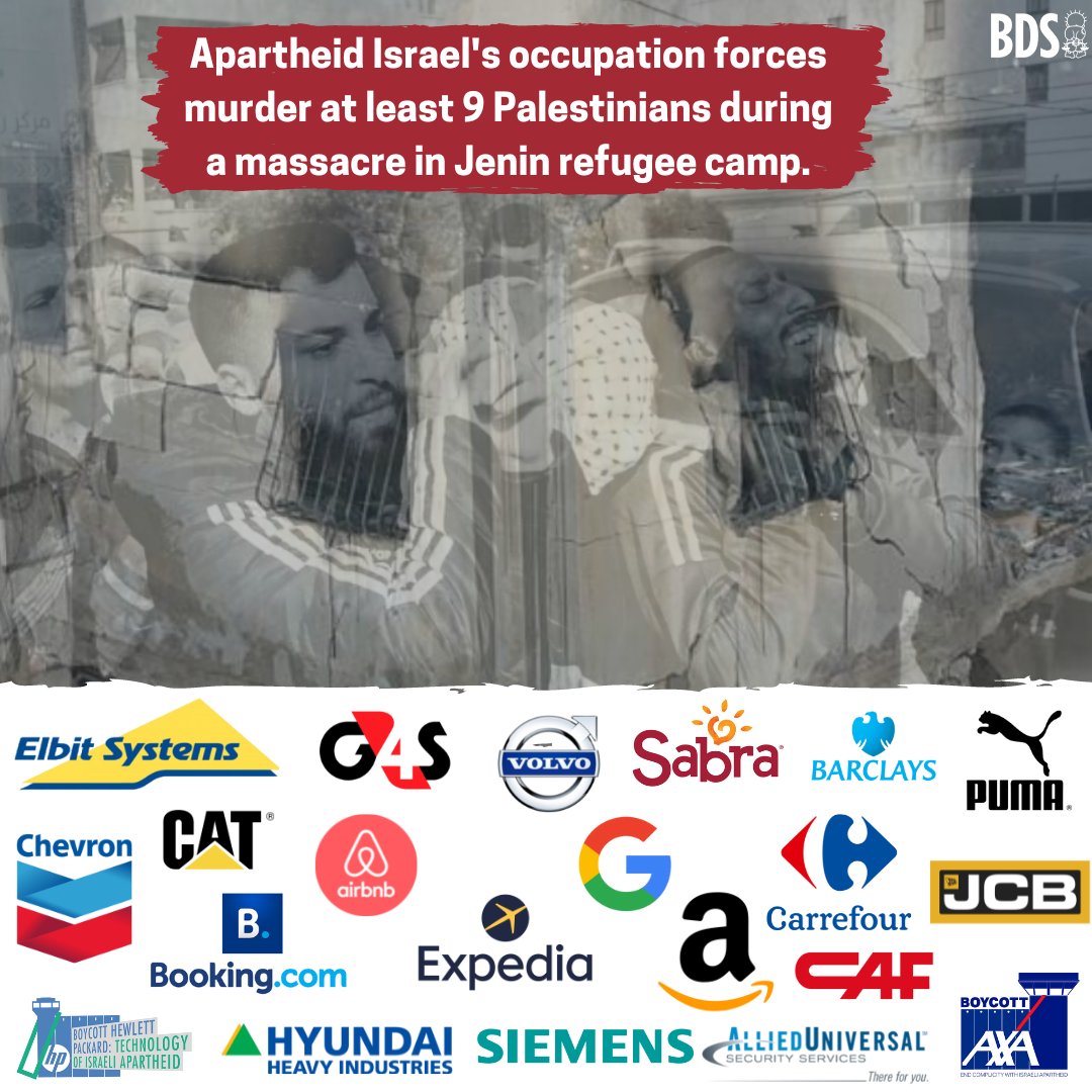 BDSmovement's tweet photo. States, institutions, &amp; corporations supporting apartheid Israel are not just complicit, they have Palestinian blood on their hands. Escalate all #BDS campaigns now!

#Elbit, @Google, @Amazon, @HPE, #CAT, #JCB, #Volvo, @Hyundai, @Chevron, @Siemens, #CAF, @G4S @AlliedUniversal.... https://t.co/uKEuQBpuRo