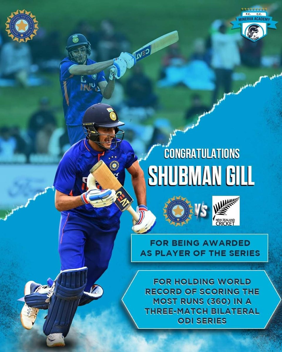 minervapunjabfc's tweet photo. Congratulations to our #Minervan, Shubman Gill for yet another blistering performance against New Zealand in the 3rd ODI of the series which has helped him to be awarded as the Player of the Series. https://t.co/GoJeUXCv3y