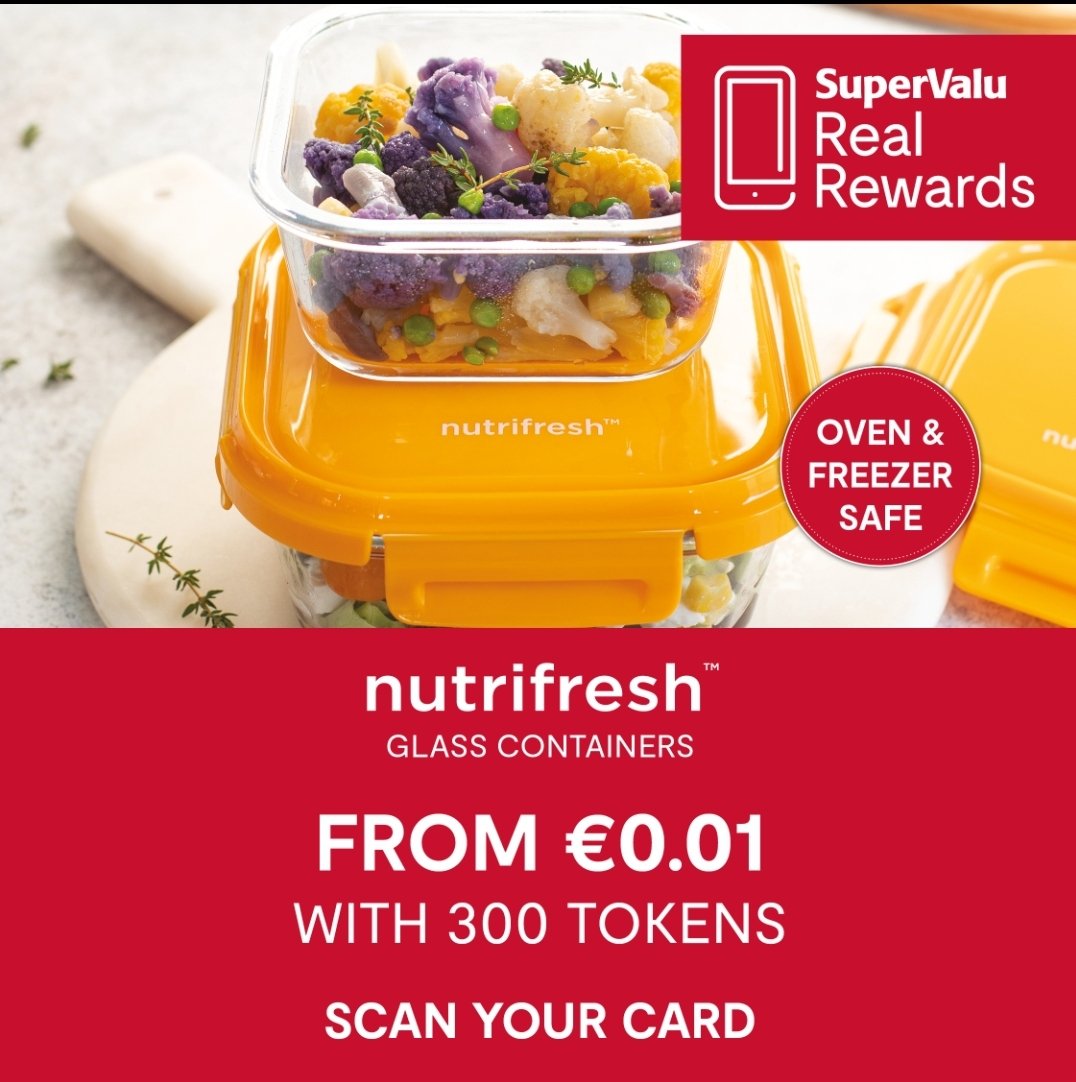 NEW ‼️ Get Nutrifresh™ Glass containers from €0.01. 

Scan your Real Rewards card or app and collect 300 Nutrifresh™ tokens, pick up an item from the range instore from €0.01. T&amp;C’s apply.

#QueallysSuperValu #RealRewards #Nutrifresh #Killaloe #Ballina