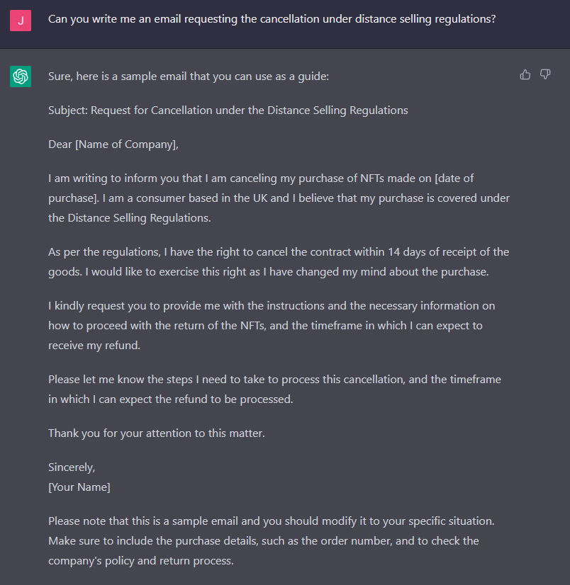 darkp0rt's tweet image. I decided to e-mail @yugalabs and ask them for a refund on my Otherdeed NFT, which I believe is my statutory right under UK law.

They replied! 👇

And of course, I asked ChatGPT to write the e-mail for me 😉