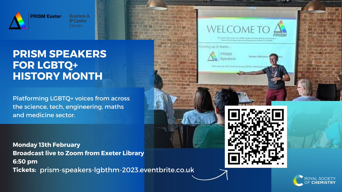 Join PRISM Exeter on Mon Feb 13th in @ExeterLibrary for an evening of talks platforming LGBTQ+ voices from across the STEMM sector

In-person and online-only tickets available: …speakers-lgbthm-2023.eventbrite.co.uk

Held in assoc. w/ <a href="/BIPCDevon/">BIPC Devon</a> &amp; financially supported by <a href="/RoySocChem/">Royal Society of Chemistry</a> I&amp;D Fund