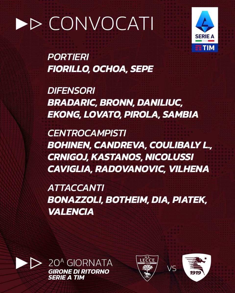 📄 𝐈 𝐂𝐨𝐧𝐯𝐨𝐜𝐚𝐭𝐢 𝐩𝐞𝐫 𝐋𝐞𝐜𝐜𝐞 - 𝐒𝐚𝐥𝐞𝐫𝐧𝐢𝐭𝐚𝐧𝐚 👇

#LecceSalernitana #macteanimo #forzagranata