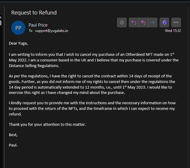 darkp0rt's tweet image. I decided to e-mail @yugalabs and ask them for a refund on my Otherdeed NFT, which I believe is my statutory right under UK law.

They replied! 👇

And of course, I asked ChatGPT to write the e-mail for me 😉