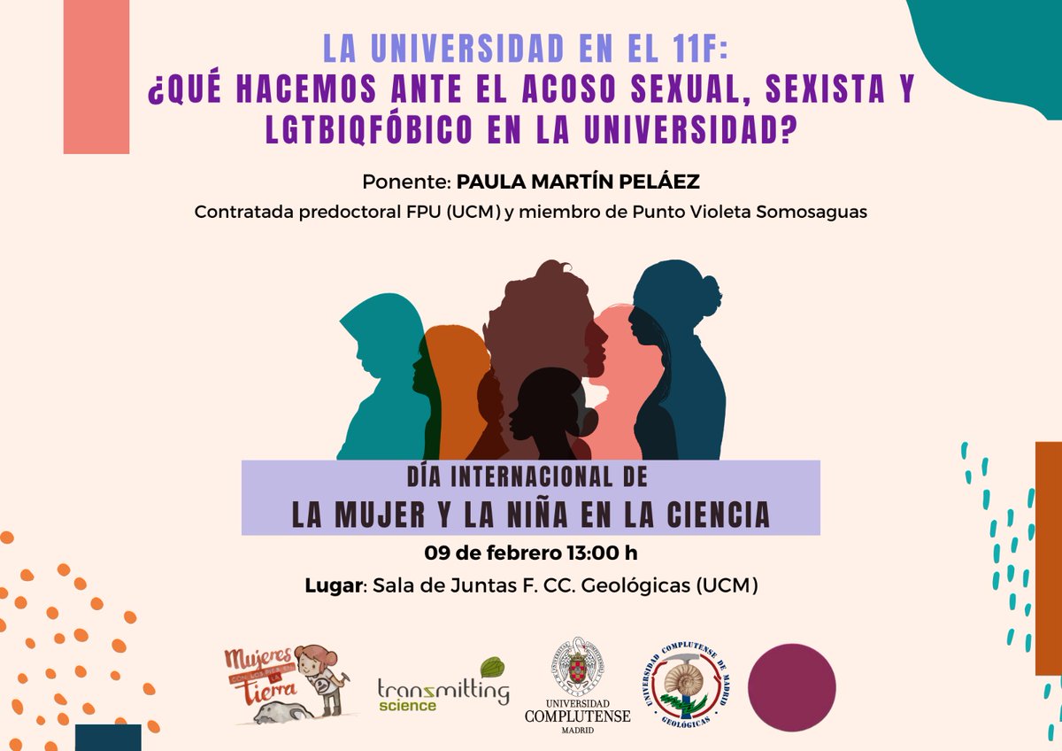 MujerPiesTierra's tweet photo. Amigues!!
Este #11F tenemos una actividad en la facultad de @geologicasUCM que organizamos con la colaboración de @TransmitScience 
en la que @PaulaMartnPlz nos va a contar qué hacemos ante el acoso sexual, sexista y LGTBIQ+fóbico en la Universidad.
Vente! https://t.co/FtbgxCoLlb