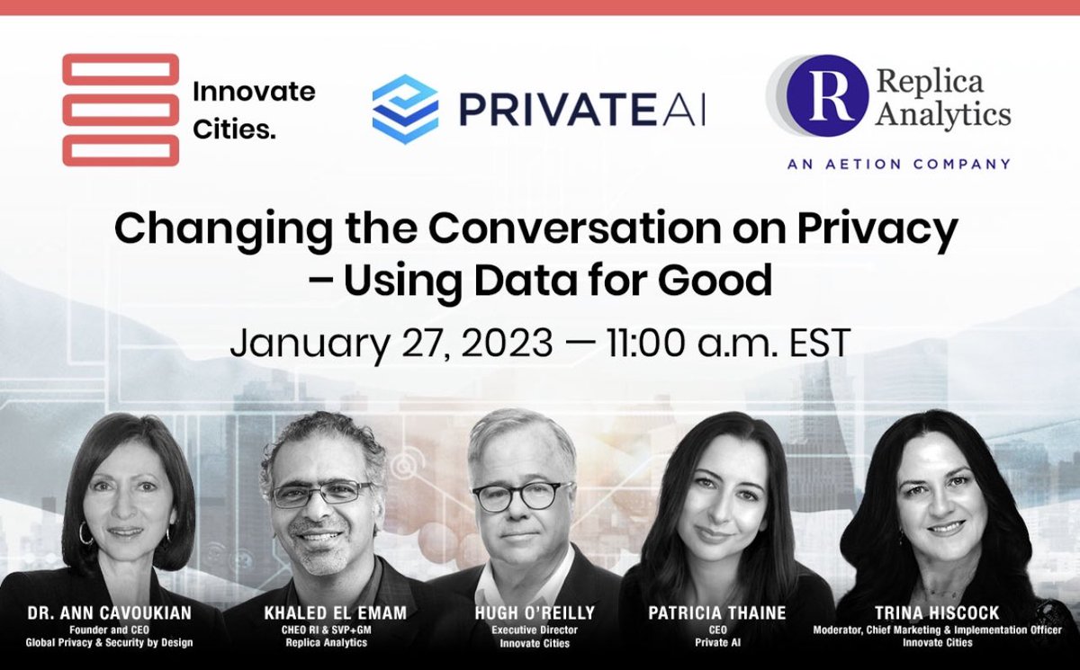 Innovate Cities (@innovate_cities) on Twitter photo Tomorrow is the big day! Sign up for our data privacy webinar - January 27 at 11:00 a.m. and join the conversation with leading Canadian thought leaders:
tria.regfox.com/ic-changing-th…
#DataforGood #InnovateCities #Cdnpoli #onpoli
<a href="/AnnCavoukian/">Ann Cavoukian, Ph.D.</a>
<a href="/ReplicaAnalyti1/">Replica Analytics, an Aetion company</a>
<a href="/_PrivateAI/">AI Private</a> Tomorrow is the big day! Sign up for our data privacy webinar - January 27 at 11:00 a.m. and join the conversation with leading Canadian thought leaders:
tria.regfox.com/ic-changing-th…
#DataforGood #InnovateCities #Cdnpoli #onpoli
<a href="/AnnCavoukian/">Ann Cavoukian, Ph.D.</a>
<a href="/ReplicaAnalyti1/">Replica Analytics, an Aetion company</a>
<a href="/_PrivateAI/">AI Private</a>
