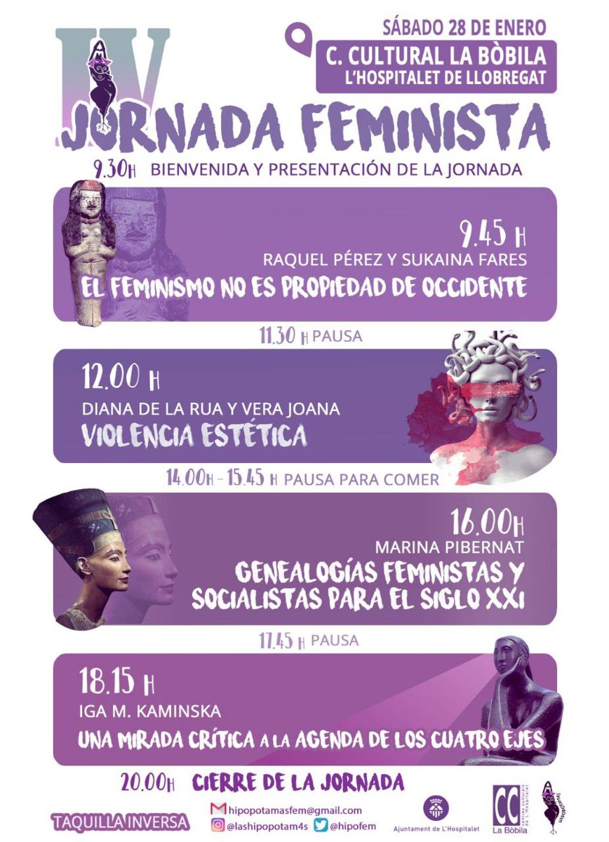 🟣Jornada feminista al <a href="/CClaBobila/">CClaBobila</a>  a càrrec de <a href="/Hipofem/">Las Hipopótamas</a> 

📅Dissabte, 28/1
🕘A partir de les 9.30 h
🎟Taquilla inversa

#LHospitalet #CulturaLH #LHFeminisme