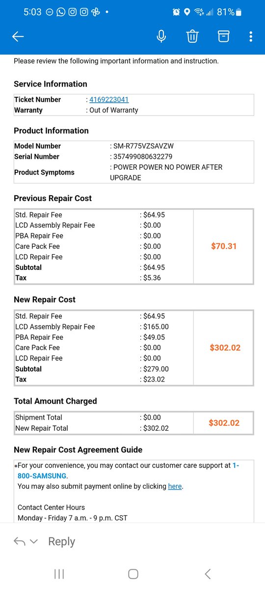 SummerJohnNYC's tweet photo. @SamsungMobile I sent my functional watch into the Texas Samsung facility for an out of warranty battery replacement. Nothing else was wrong. Just needed a battery. I ship the watch. I now get an email saying that it needs a motherboard and LCD screen. Something stinks. https://t.co/FvTQykZf5j