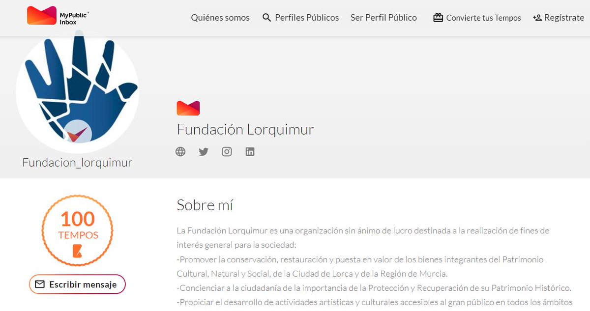 Damos la bienvenida a la plataforma a la Fundación Lorquimur <a href="/FLorquimur/">Fundación Lorquimur</a>, creada para promover el desarrollo cultural, educativo y artístico del patrimonio cultural e histórico de la #CiudaddeLorca y de la #RegiondeMurcia. ¡Bienvenidos!
 mypublicinbox.com/Fundacion_lorq…