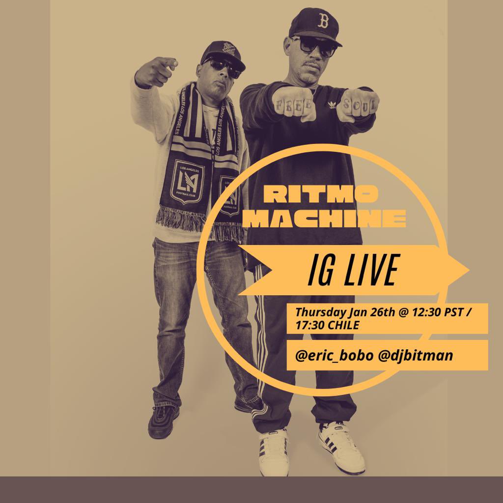ericbobo's tweet image. Good day twitterpeeps!!  Join me and my @RitmoMachine partner @Latin_Bitman today "Live" on IG as we premiere the 1st single "Isla del Ritmo" from our upcoming album on @NacionalRecords &amp;amp; more!!
Don't miss out!! 
12:30pm pst (Los Angeles) / 17:30 (Chile)!!