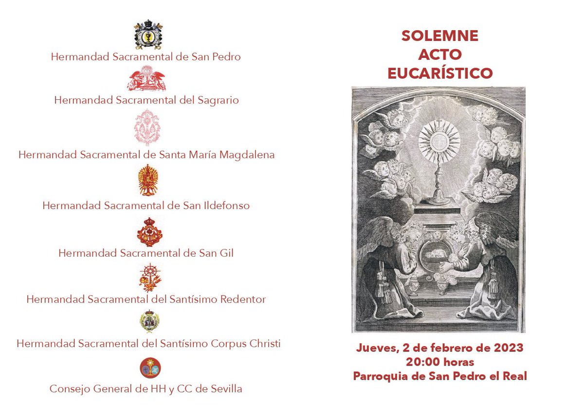 HdadCorpus's tweet photo. Este miércoles, las Hermandades Sacraméntales de Sevilla celebrarán el Solemne Acto Eucarístico en la Parroquia De San Pedro el Real a las 20:00 horas.

Estará presidido por nuestro Sr. Arzobispo de la Archidiócesis de Sevilla, Monseñor José Ángel Saiz Meneses. https://t.co/oMy2BNRkqg