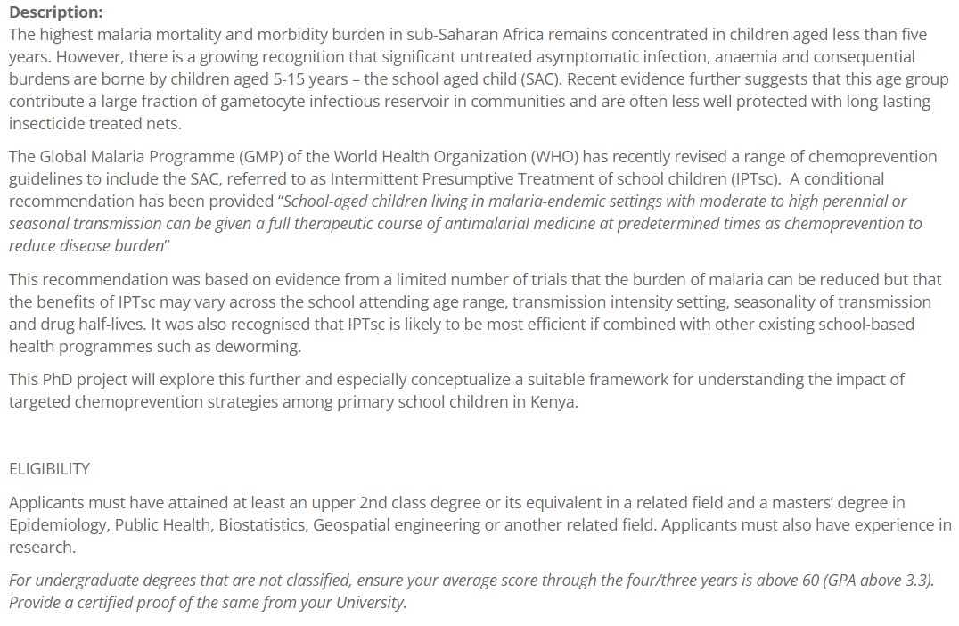 Pete Macharia (@pete_m_m) on Twitter photo #PhD studentship at <a href="/KEMRI_Wellcome/">KEMRI-Wellcome</a> with <a href="/PHU_KEMRI_WT/">Population Health Unit</a> group.
Framework to understand impact of targeted #malaria chemoprevention strategies among primary school children in #Kenya.
Msc in Epi, public health, biostats, #geospatial etc
Apply by 11/02/23
jobs.kemri-wellcome.org/phd-training-p… #PhD studentship at <a href="/KEMRI_Wellcome/">KEMRI-Wellcome</a> with <a href="/PHU_KEMRI_WT/">Population Health Unit</a> group.
Framework to understand impact of targeted #malaria chemoprevention strategies among primary school children in #Kenya.
Msc in Epi, public health, biostats, #geospatial etc
Apply by 11/02/23
jobs.kemri-wellcome.org/phd-training-p…