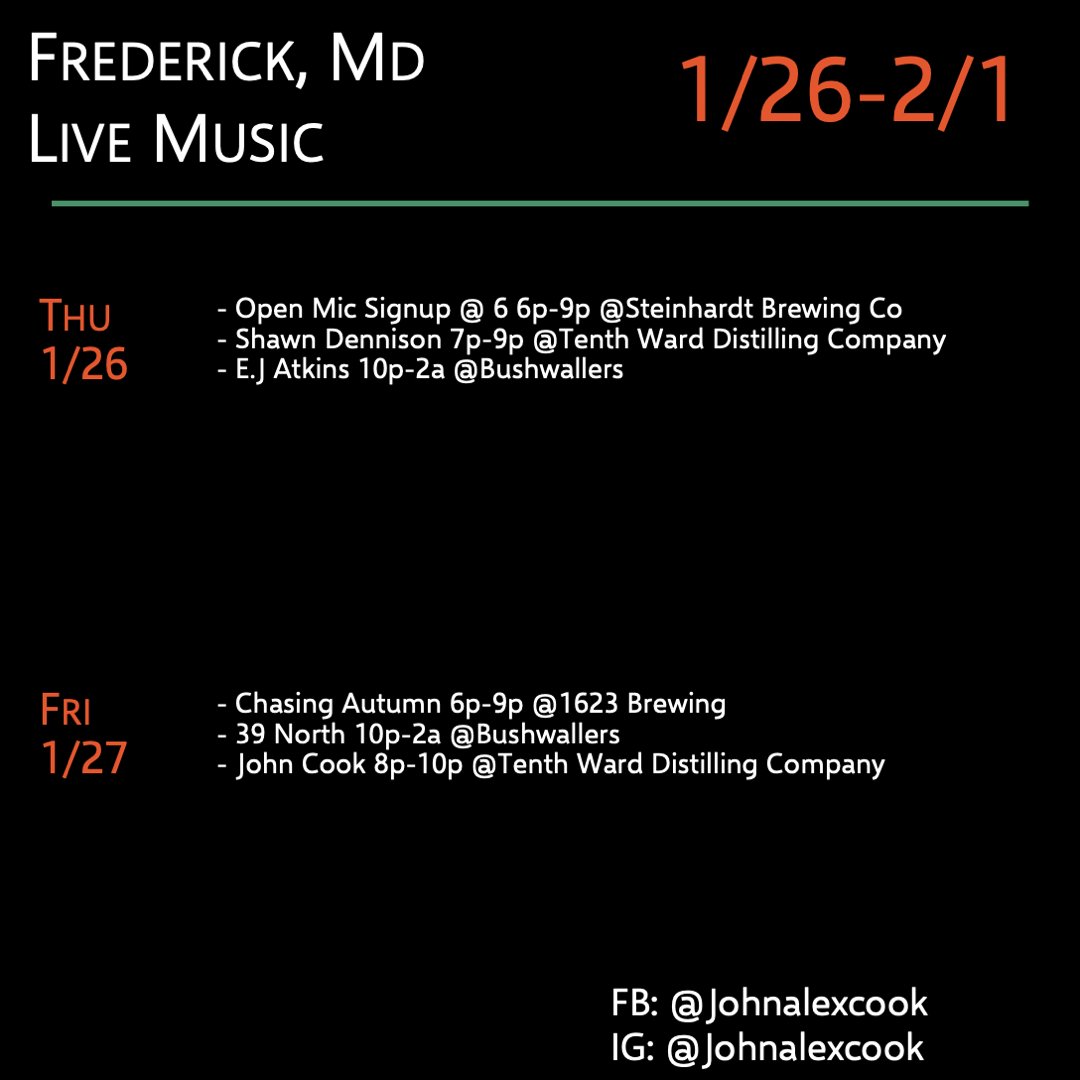 JohnAlexCook's tweet photo. We're going to get this list going again here, I promise! I'm back at it this week with my first gig of 2023 at Friday night from 8-10 at Tenth Ward Distilling Co. 

#livemusic #localmusic #songwriter #singersongwriter #folkmusic #americana #frederickmd #maryland #countrymusic https://t.co/XPFtJE9mI7