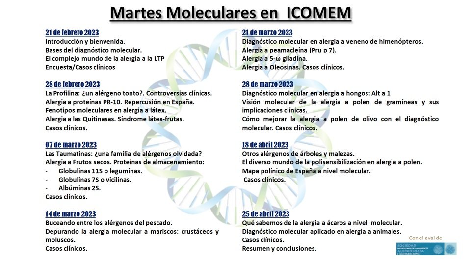 Abierto el plazo de inscripción a los Martes Moleculares en <a href="/Icomem_Oficial/">ICOMEM</a> Un programa de enorme calidad científica <a href="/SEAIC_Alergia/">SEAIC</a> <a href="/CAJMIR_SEAIC/">CAJMIR</a>