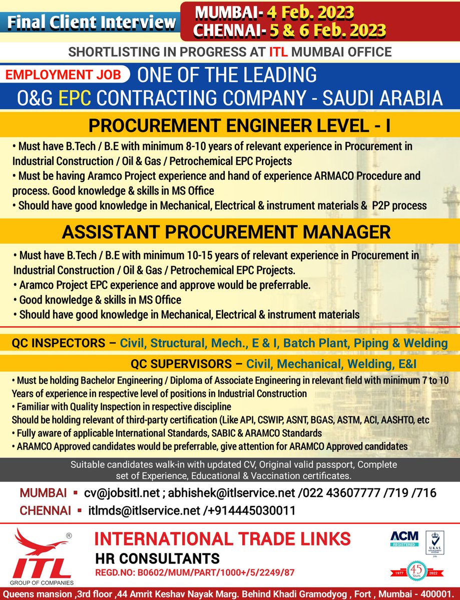 JOB VACANCY FOR #saudiarabia

CLICK ON LINK TO APPLY JOB > bit.ly/3bVNhxf

Learn more :
itlservice.net

#procurementjobs #procurementengineer #procurementmanager #qcinspector #qcsupervisor   #oilandgassjob #oilandgas #refinery #petrochemical #operations