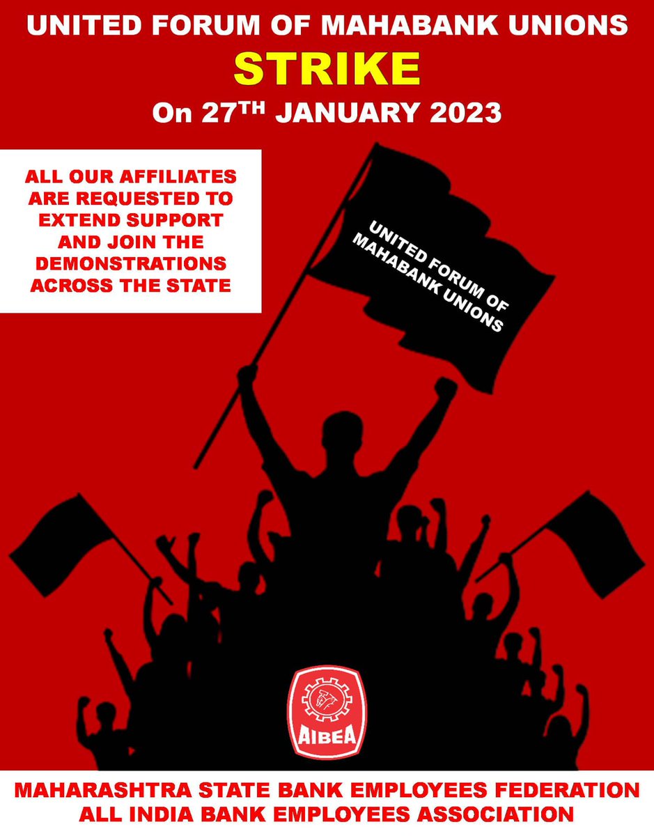 Extend support to the Agitation in Bank of Maharashtra Strike on 27th January ,2023 in <a href="/mahabank/">Bank of Maharashtra</a> 
#Staff_Shortage_In_Mahabank
#MSBEF 
#AIBEA