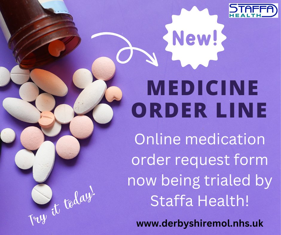 The Medicines Order Line (MOL) are now trialing an online ordering form which is available at: derbyshiremol.nhs.uk 

Staffa Health are pleased to be one of the GP Surgeries involved in the trial and our patients are now able to use this service via the link above.