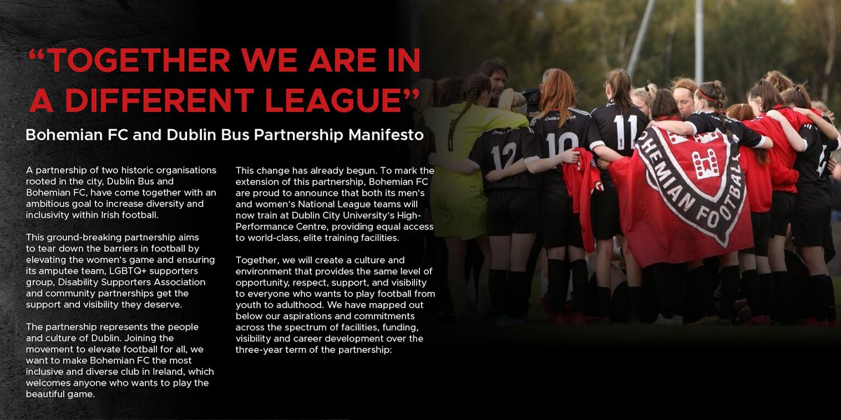 <a href="/bfcdublin/">Bohemian Football Club</a> Dublin Bus also becomes the club's exclusive Diversity &amp; Inclusion partner. We've released a joint manifesto which commits to increasing diversity and inclusivity within Irish football. Read here👇

#TogetherInADifferentLeague