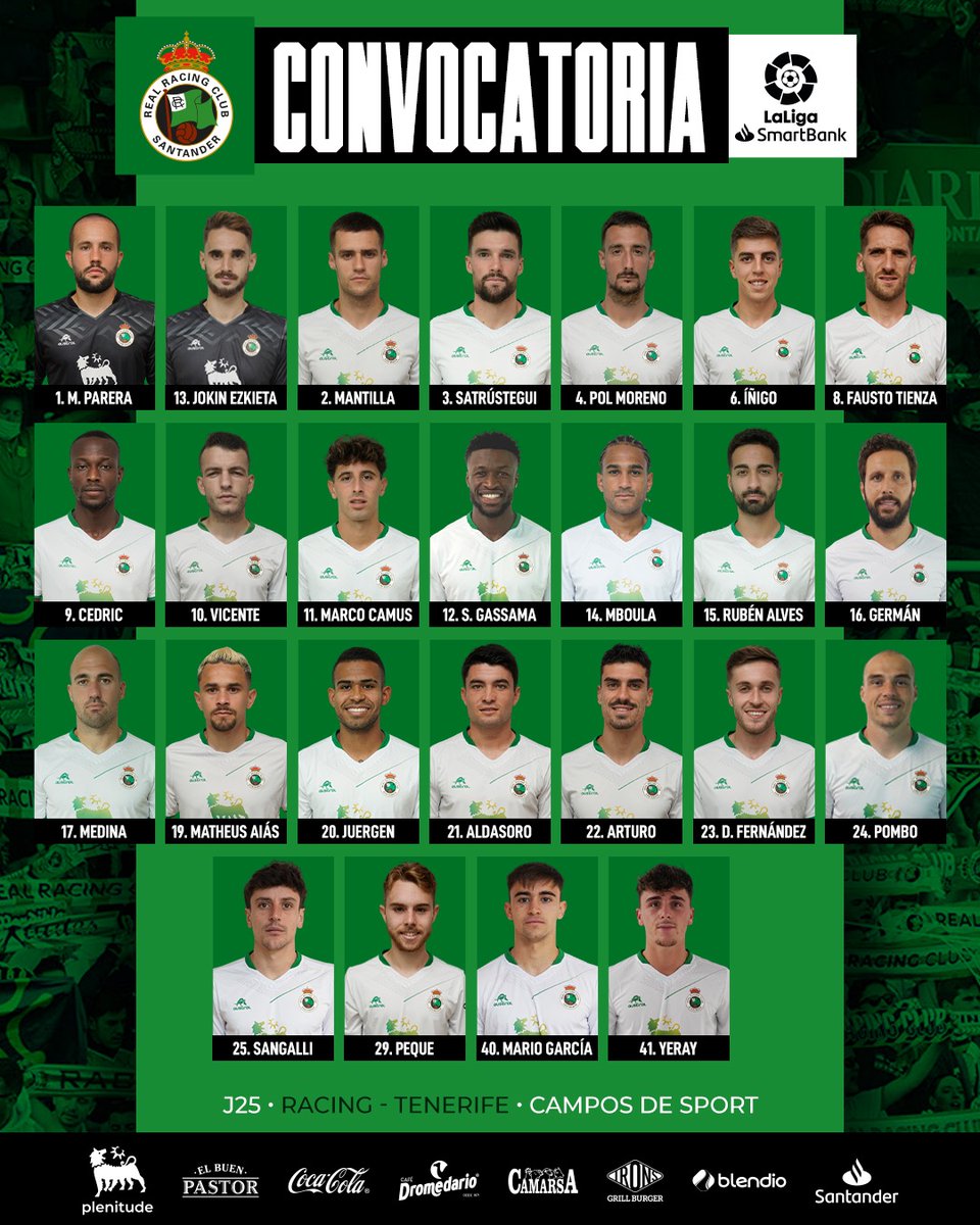 realracingclub's tweet photo. 📋 Convocatoria del @realracingclub para el partido de mañana (21:00 horas) ante el @CDTOficial ✅ #RacingTenerife #LaLigaSmartBank https://t.co/ns0smnnSUs