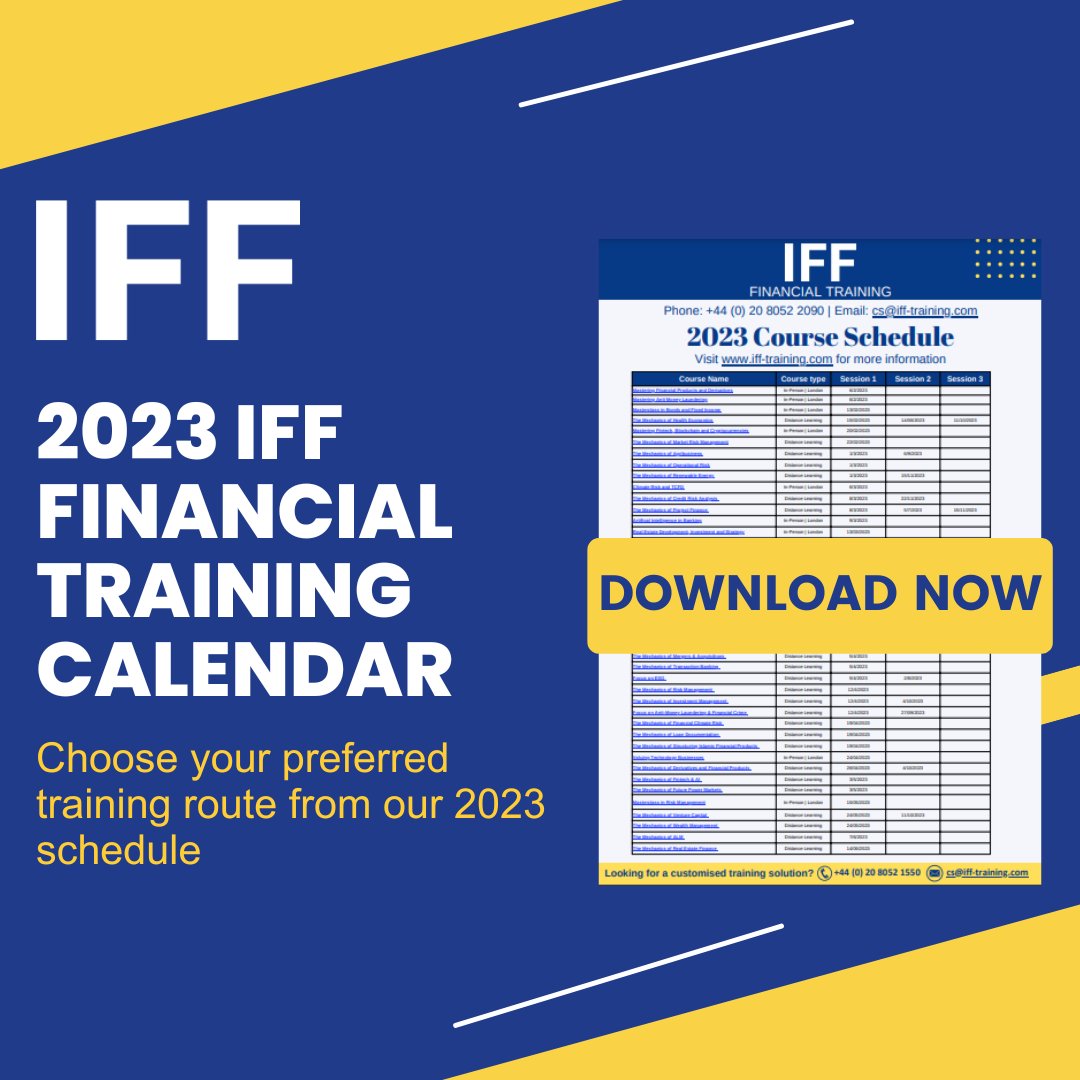 The 2023 IFF Financial #Training #Calendar is now available: bit.ly/3j2Ru67
Choose your preferred training route from our schedule of distance learning (online) courses, in-person training courses in #London, and customised training solutions for your organisation.