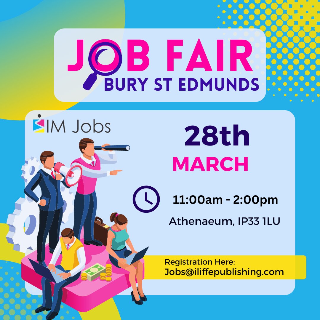 IliffeMedia's tweet photo. *AD* 
On the hunt for a new job? 
Pop along to see us and other great #Suffolk employers in #burystedmunds on March 28. 
It could just change your life #media @IliffeMediaJobs @IliffeMedia @buryfree @SuffolkNewswire https://t.co/7OWDKErmp9