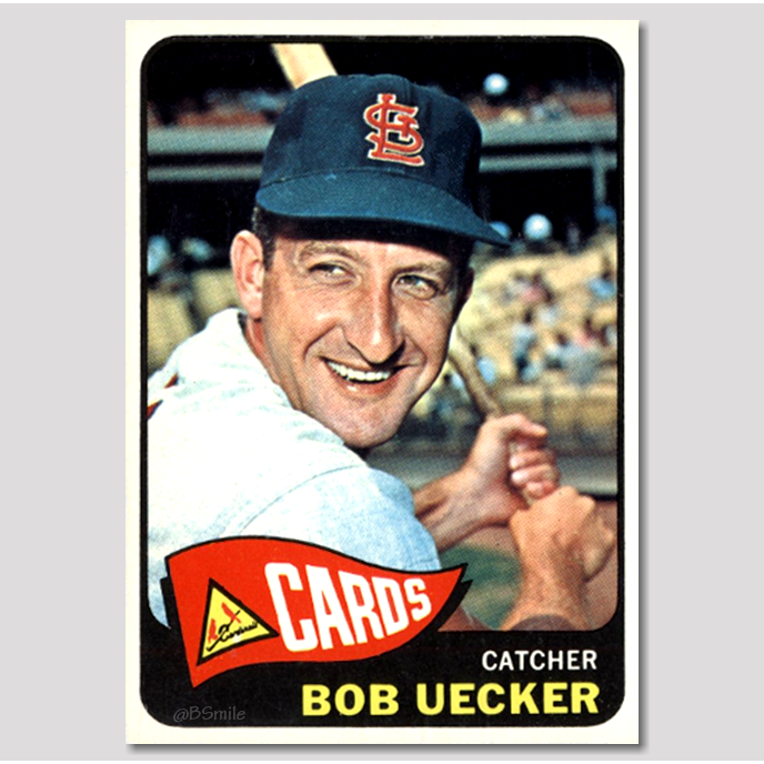 BSmile's tweet photo. Classic 1965 Topps Bob Uecker Baseball Card - A right-handed hitter, Bob thought he was playing a funny joke when he posed left-handed, but nobody noticed! Happy 89th Birthday Bob "Mr. Baseball" Uecker, born on this day in 1934! #STLCards #MLB #Legend https://t.co/p2ZekGyn01