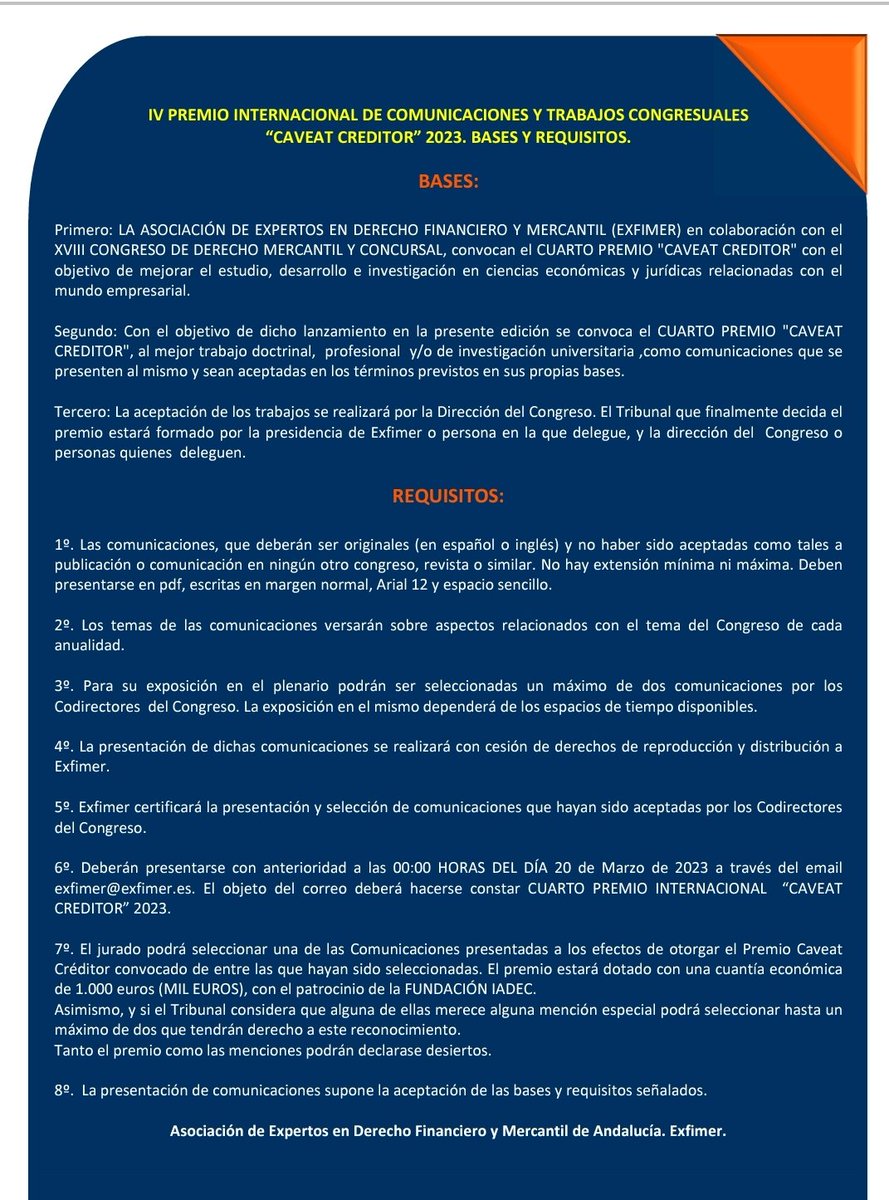 EXFIMER's tweet photo. #EXFIMER en colaboración con el XVIII CONGRESO DE D. MERCANTIL Y CONCURSAL, convocan el IV PREMIO "CAVEAT CREDITOR".
Objetivo: estudio, desarrollo e investigación en ciencias económicas y jurídicas relacionadas con el mundo empresarial.
#derecho
#economia
#empresarios
BASES ⬇️⬇️ https://t.co/EhWUrStHXp