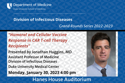DukeAdultID's tweet photo. ID Grand Rounds. Monday, January 30, 2023, 4pm, "Humoral &amp; Cellular Vaccine Response in CAR T-cell Therapy Recipients"  #IDGrandRounds #IDEd #IDFellows #TxID #IDTwitter #IDResearch Duke Event Calendar https://t.co/vH4eLsYPLB 🩺😷🦠 https://t.co/5m2LbwWcWJ