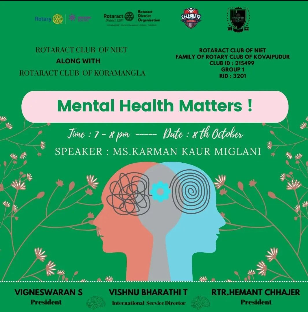 racniet's tweet photo. Warm rotaract greetings, 

We Rotaract Club Of NIET along with the Rotaract Club Of Koramangala coordinately conducuting the session on mental health on the topic of "MENTAL HEALTH MATTERS " on behalf of world mental health day with the guidance of our mental health cell https://t.co/6UJSkvJ87j