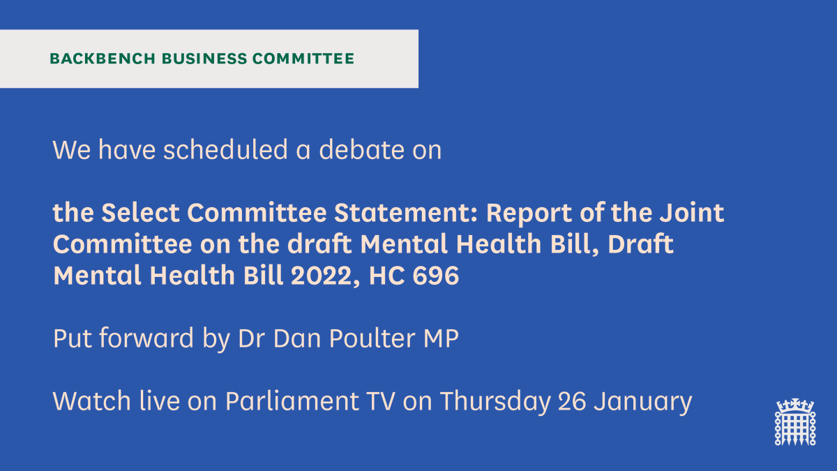 Backbench Business Committee (@commonsbbcom) on Twitter photo Dr Dan Poulter MP is now delivering a statement on the <a href="/dMHBillCttee/">Joint Committee on the draft Mental Health Bill</a> report.
📜 Read the report committees.parliament.uk/publications/3…
Watch live ⤵️
parliamentlive.tv/Event/Index/b4… Dr Dan Poulter MP is now delivering a statement on the <a href="/dMHBillCttee/">Joint Committee on the draft Mental Health Bill</a> report.
📜 Read the report committees.parliament.uk/publications/3…
Watch live ⤵️
parliamentlive.tv/Event/Index/b4…