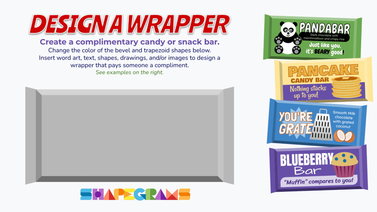 shapegrams's tweet photo. The Chocolate Bar Shapegram's side activity invites learners to create a complimentary candy or snack bar. 🥰

https://t.co/UNAotLS17B

#GoogleClassroom #teachertwitter #k12artchat https://t.co/PHwVmoD0nM