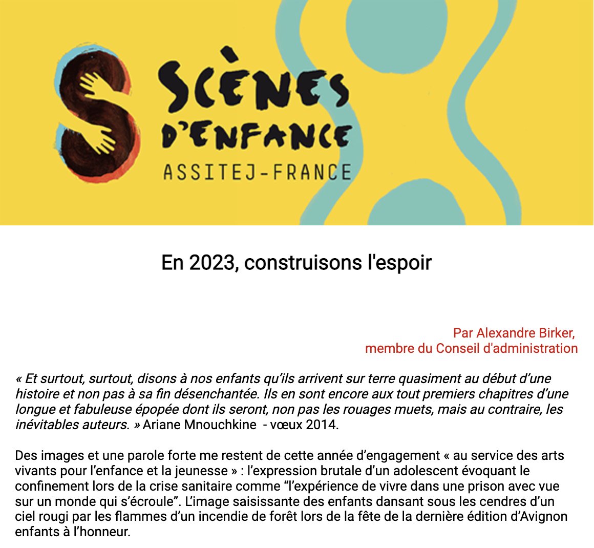 [LETTRE D’INFORMATION 🔔] La lettre d'information de Scènes d'enfance - ASSITEJ France est parue ! 🎉Retrouvez les actus du secteur #JeunePublic
sh1.sendinblue.com/3gpzmroz9txpfe…