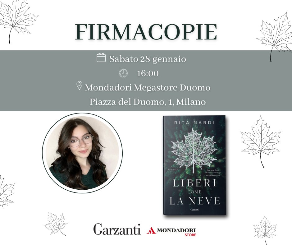 #Savethedate Sabato 28/1 alle ore 16 @ritanardi_libri firma le copie del suo romanzo #LiberiComeLaNeve alla Libreria Mondadori Duomo di Milano. Vi aspettiamo!