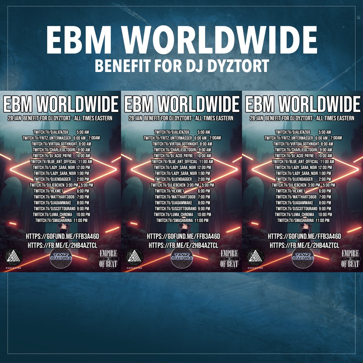 BLUE ANT Dj Set
28TH January 2023

EBM WORLDWIDE BENEFIT FOR DJ DYZTORT

twitch.tv/blue_ant_offic…

RAID MODE - 1 hour - START: Italy 5pm, London 4pm, New York 11pm, Buenos Aires 5pm, PST 8am

#djset #industrial #darkelectro #powernoise