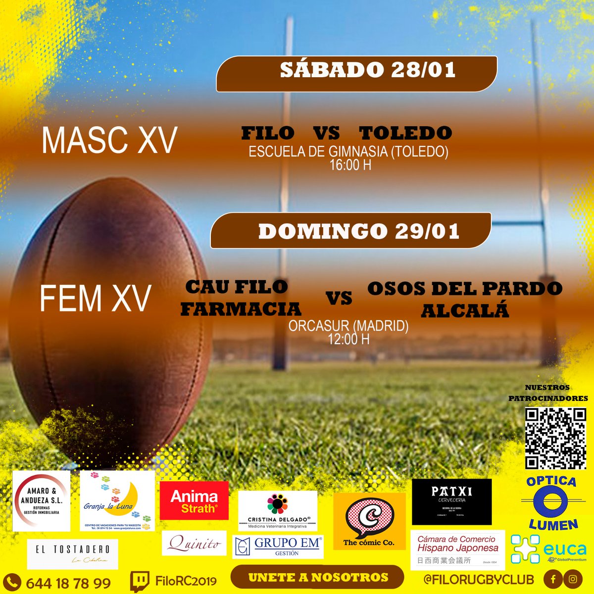 filo_rugby_2019's tweet photo. #FiloJORNADA / CON GANAS DE SEGUIR SUMANDO 

El sábado #FiloMASC juega contra @crtoledo1 a las 16 horas en el campo de Escuela de Gimnasia (Toledo).

El domingo #FiloFEM juega contra @OsosdelPardo en el campo de Orcasitas (Madrid).

¡A darle duro a la jornada!

#AúpaFilo https://t.co/8GpNTFBVik