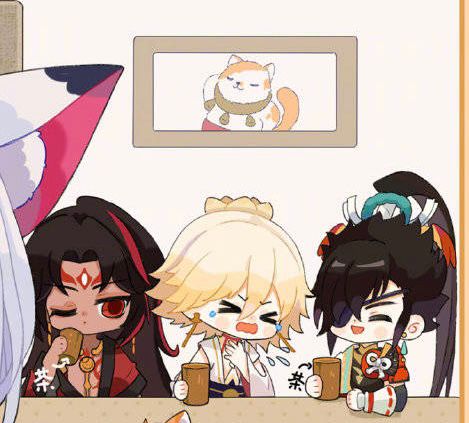 lissypang's tweet photo. Dear poor Taishakuten, they all have tea, so what's in your cup? 
#Onmyoji #修帝 https://t.co/Odw6NvlVvs
