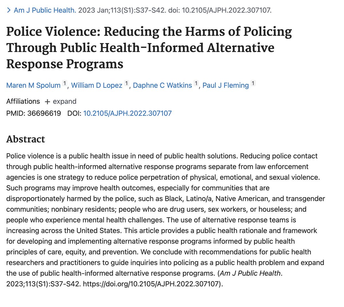Angered by police violence but unsure what to do? 
#AlternativeResponse programs informed by #PublicHealth may provide answers. 

Check out our latest:“Reducing Harms of Police Violence Through Alternative Response Programs,” out today in <a href="/AMJPublicHealth/">AJPH</a> 
pubmed.ncbi.nlm.nih.gov/36696619/