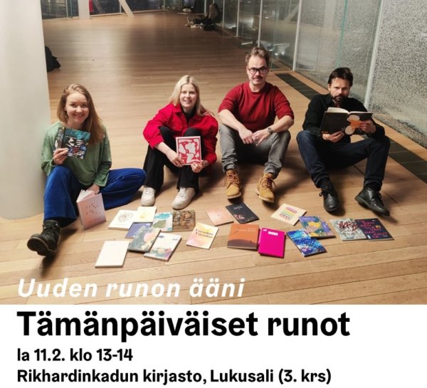 Tämänpäiväiset runot
Uuden runon ääni 
Tule kuuntelemaan 85-vuotisjuhlavuottaan viettävän SLL:n perinteistä Tämänpäiväiset runot -tapahtumaa Rikhardinkadun kirjaston 3. kerroksen lukusaliin lauantaina 11.2. klo 13.00–14.00,
Tapahtumassa luetaan vuoden 2022 runoja.