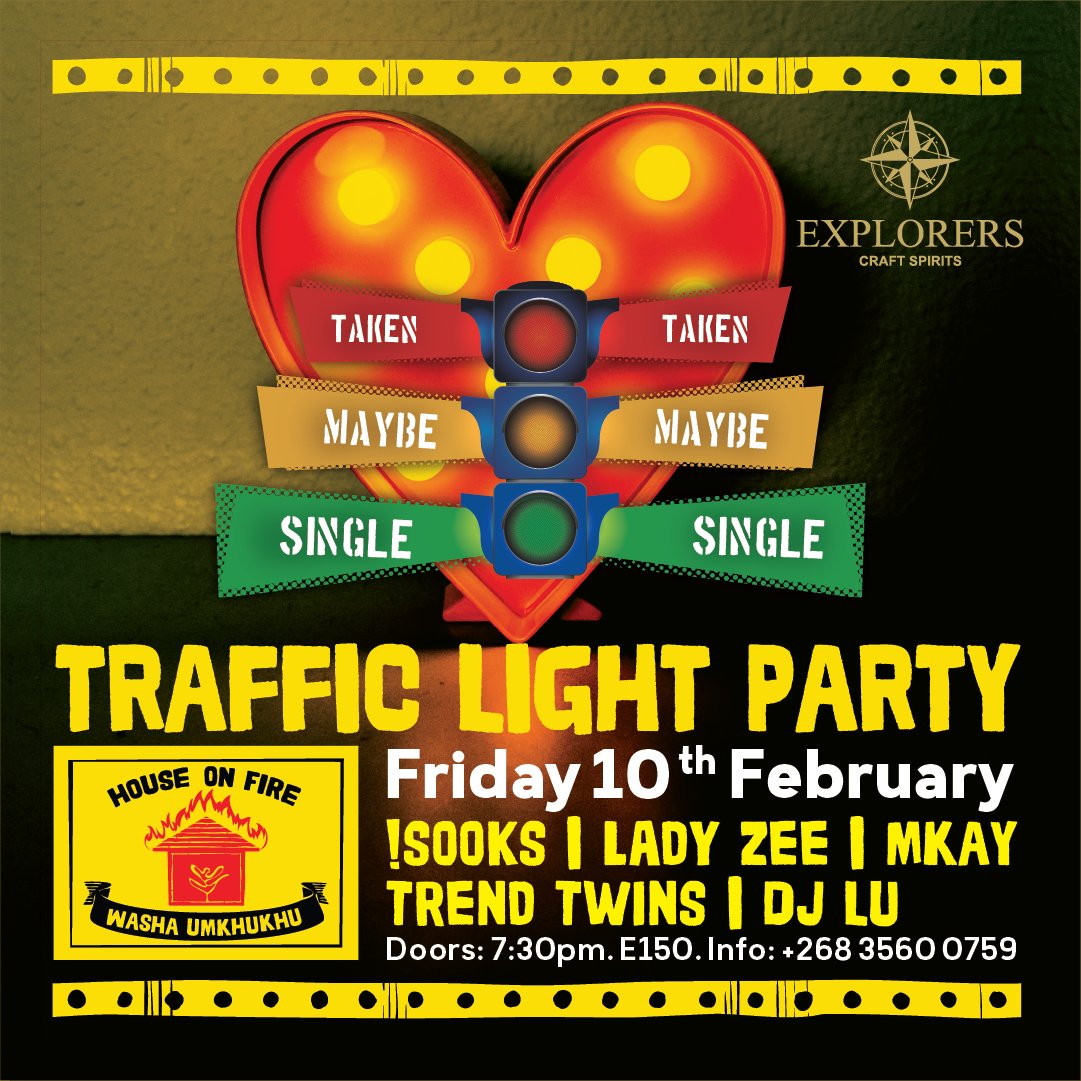 House On Fire (@houseonfiresd) on Twitter photo We're inviting you to the love zone for Eswatini’s iconic Valentine’s Traffic Light Party featuring !Sooks, MKAY, DJ LU, Lady Zee & the TrendTwins.
Doors open: 7:30 PM
Tickets: E150, at Debonairs in Mbabane & Gables
Don’t miss it! 🔥
#TrafficLight2023
#valentines
#houseonfire We're inviting you to the love zone for Eswatini’s iconic Valentine’s Traffic Light Party featuring !Sooks, MKAY, DJ LU, Lady Zee & the TrendTwins.
Doors open: 7:30 PM
Tickets: E150, at Debonairs in Mbabane & Gables
Don’t miss it! 🔥
#TrafficLight2023
#valentines
#houseonfire