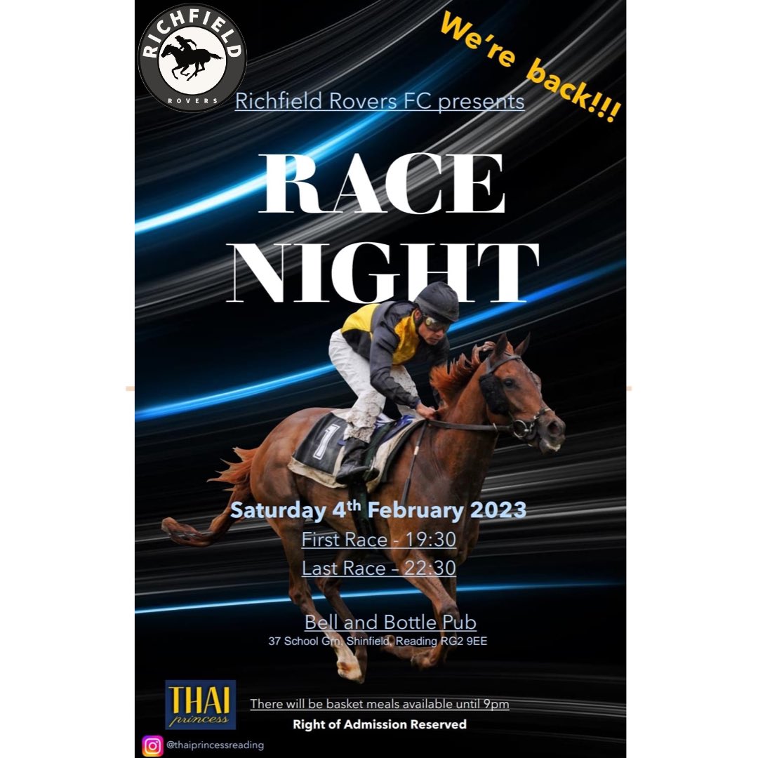 RichfieldRovers's tweet photo. 🐎 RICHFIELD RACE NIGHT 🐎

📆 Saturday 4th February
📍 Bell &amp; Bottle, 37 School Grn - RG2 9EE

Get down the Bell &amp; Bottle with the lads (&amp; ladies) on the 4th February for our virtual racing night🐎 

Beers will be flowing &amp; amazing food served until 9pm🍻🍽️

See you there❤️💙 https://t.co/P2Eurm6OtS